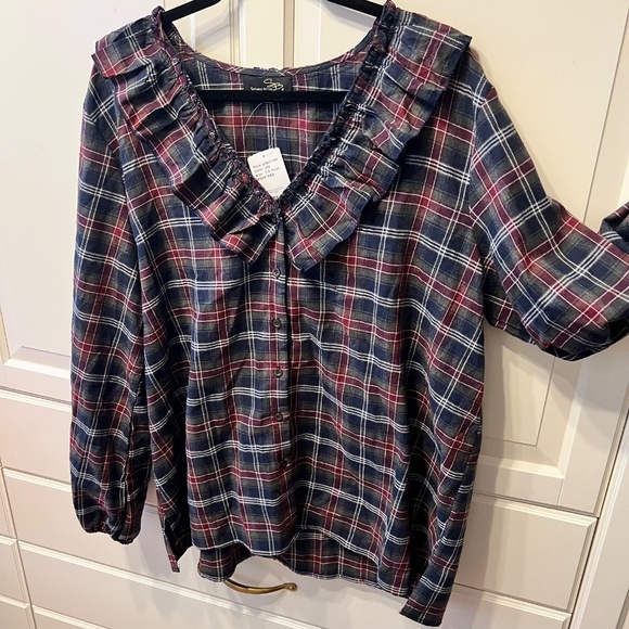SUZANNE BETRO Navy, Olive & Burgundy Plaid Ruffle-Trim V-Neck (3X) NEW w/TAGS - Picture 4 of 10